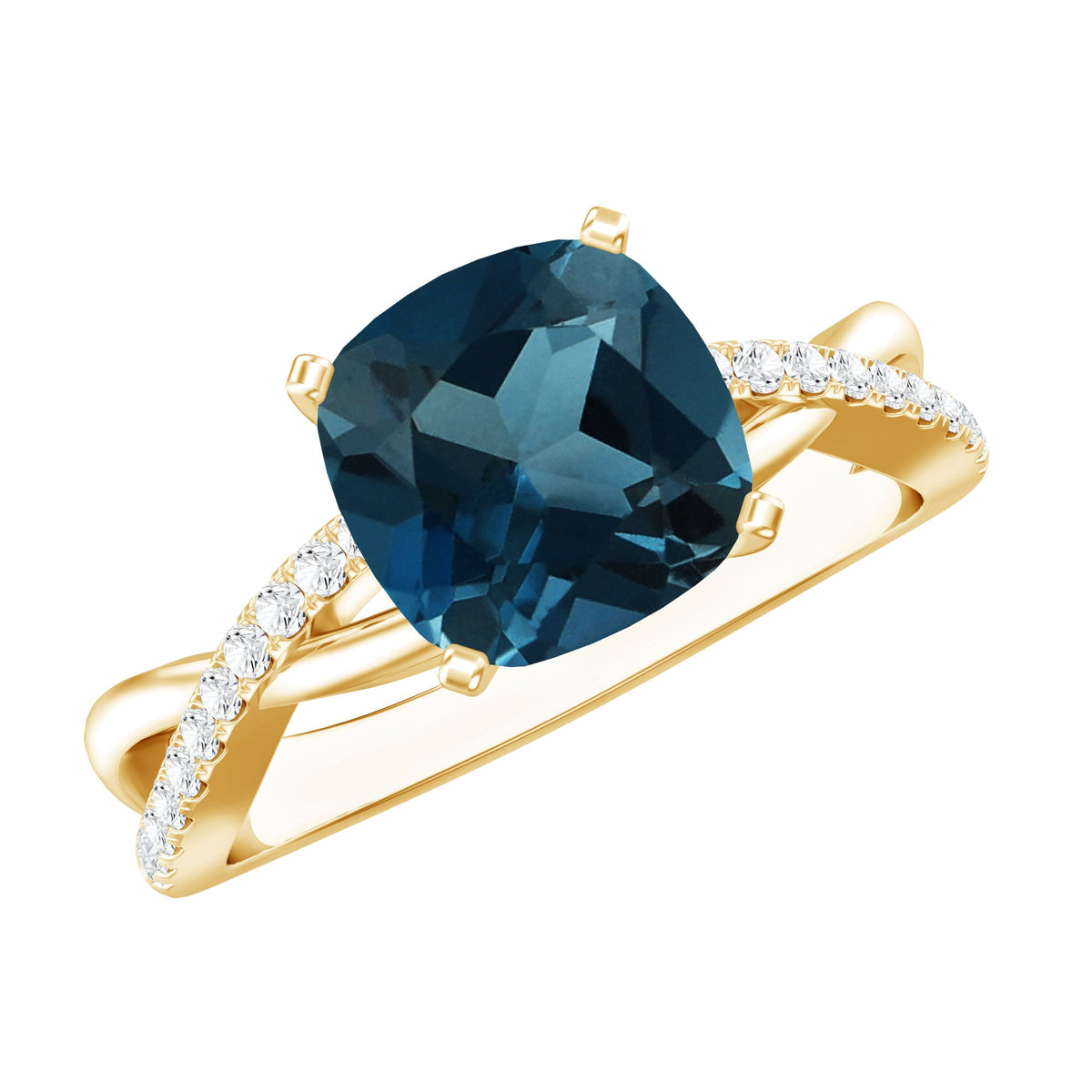 2.8 Carat Cushion Cut London Blue Topaz Solitaire Engagement Ring with Diamond Crossover Shank
