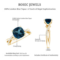2.8 Carat Cushion Cut London Blue Topaz Solitaire Engagement Ring with Diamond Crossover Shank