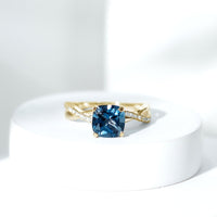 2.8 Carat Cushion Cut London Blue Topaz Solitaire Engagement Ring with Diamond Crossover Shank