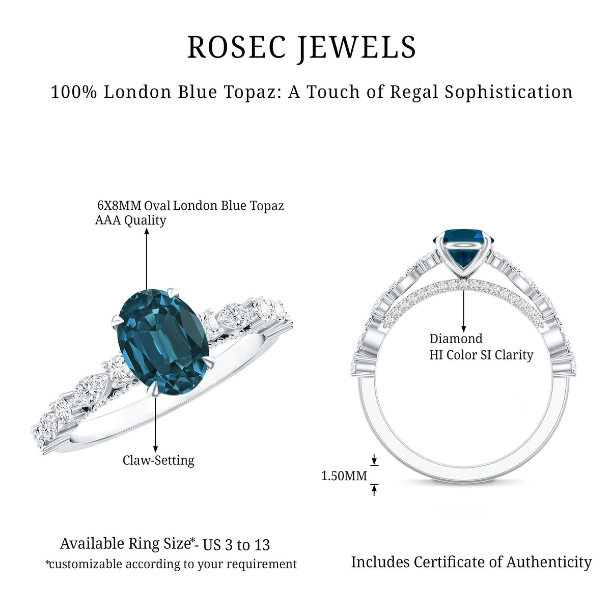6X8mm Oval Cut London Blue Topaz Vintage Engagement Ring with Real Diamond