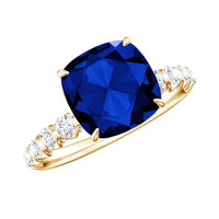 Classic 2.75 Carat Lab Grown Blue Sapphire Cushion Cut Engagement Ring with Diamond