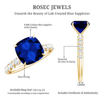 Classic 2.75 Carat Lab Grown Blue Sapphire Cushion Cut Engagement Ring with Diamond