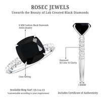Cushion Cut Created Black Diamond and Diamond Solitaire Ring