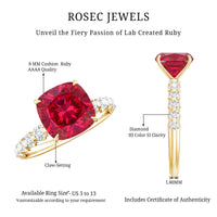 2 Carat Cushion Cut Lab Created Ruby Engagement Ring with Diamond Side Stones