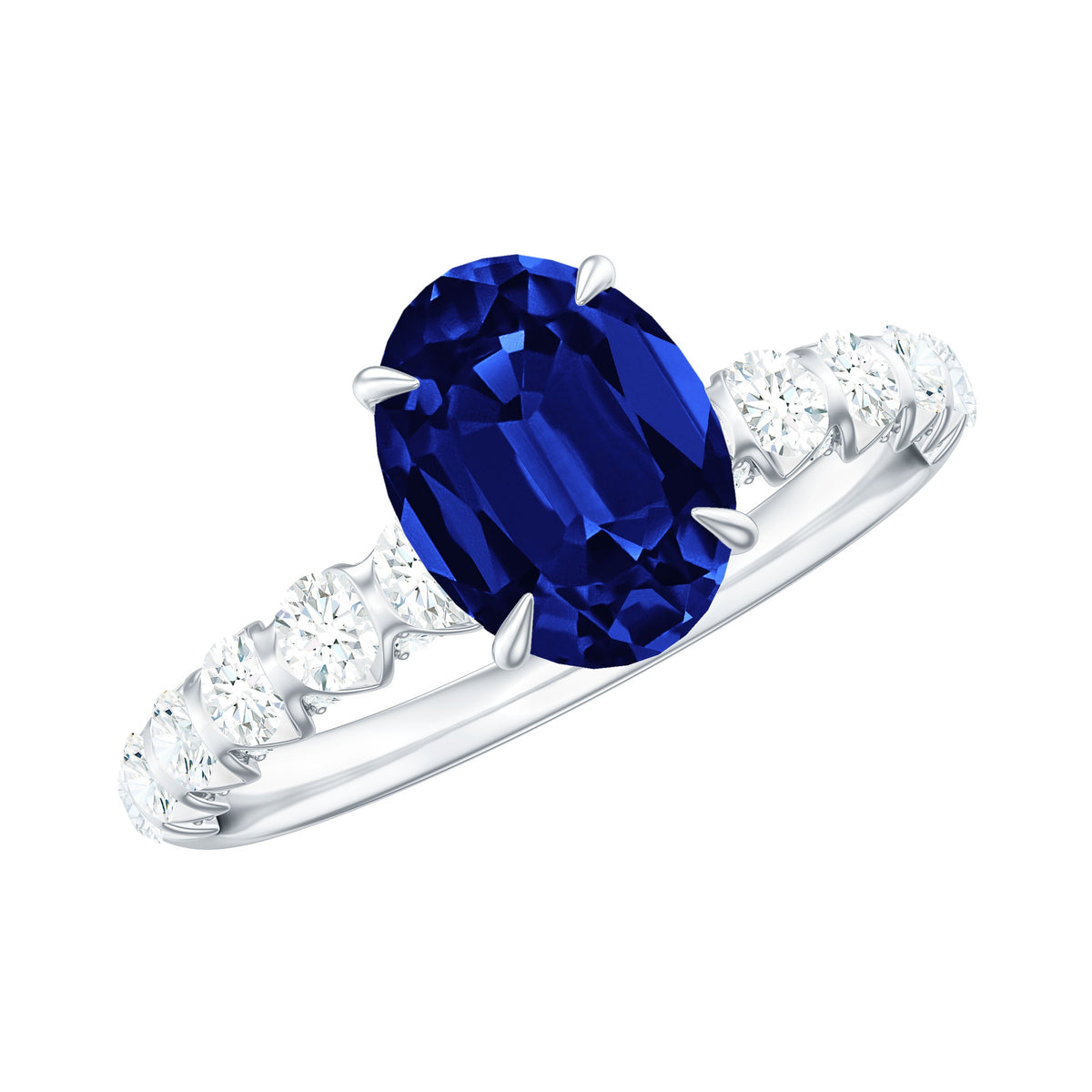 Oval lab-grown blue sapphire engagement ring with diamonds, featuring a Rosec Jewels certified 1.5 carat gemstone and elegant ring setting.