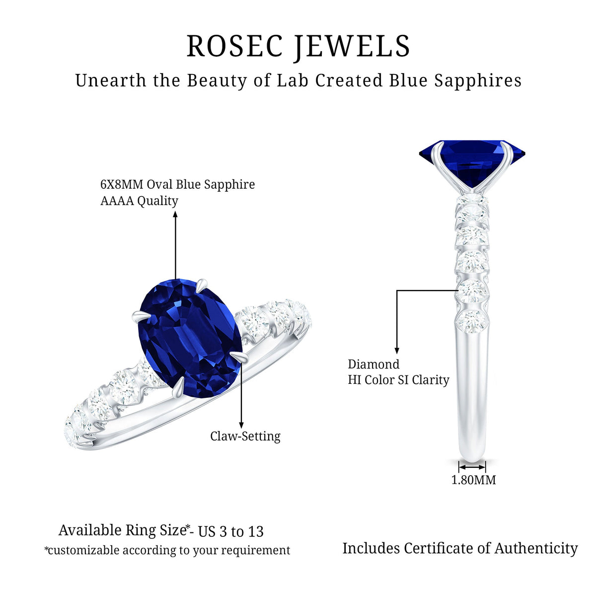 Oval lab-grown blue sapphire engagement ring with diamond accents by Rosec Jewels, showcasing the elegant ring design.