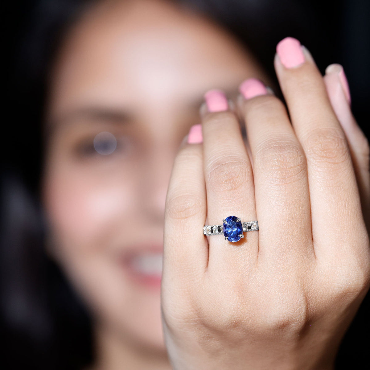 Oval lab-grown blue sapphire engagement ring with diamonds, featuring a 1.5 carat center stone in a Rosec Jewels ring design.
