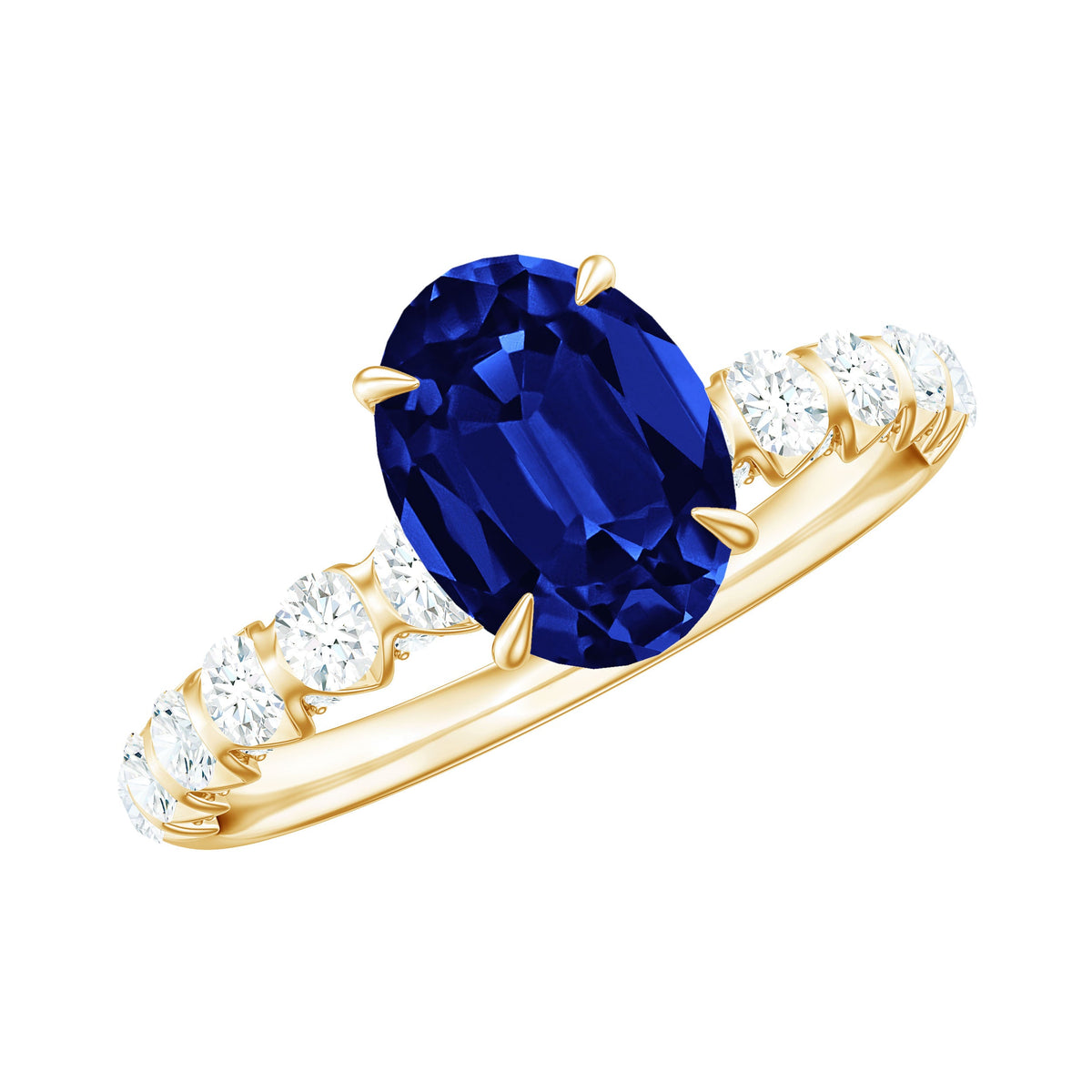 Oval lab-grown blue sapphire engagement ring with diamond accents, crafted by Rosec Jewels.