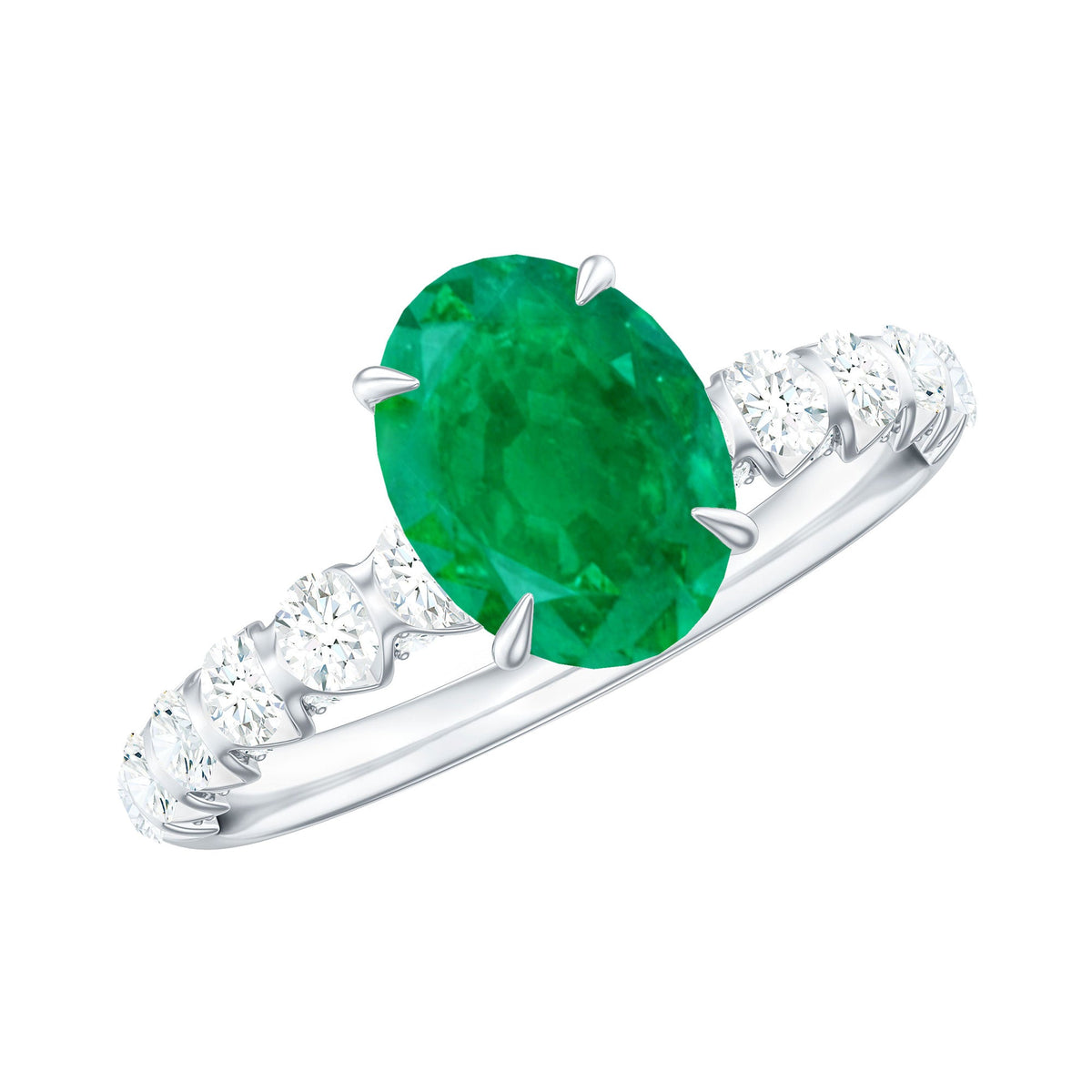 Natural 6x8mm emerald oval engagement ring by Rosec Jewels with diamond side stones, showcasing a stunning green gemstone and sparkling accents.