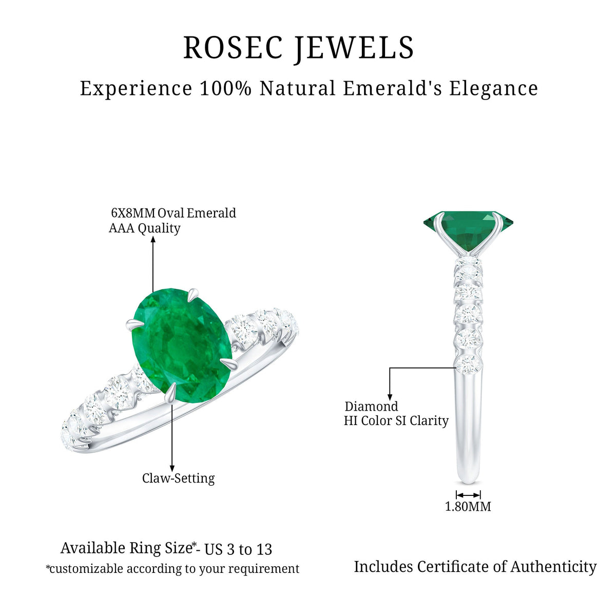 Natural 6x8mm emerald oval engagement ring with diamond side stones, showcasing elegant design and sparkling accents.