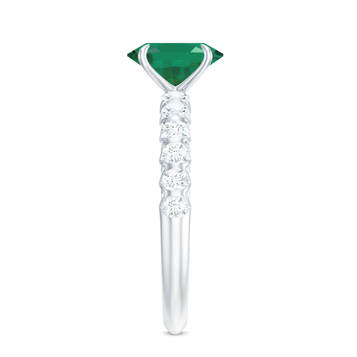 Natural 6x8mm emerald oval engagement ring with diamond side stones, featuring a rose gold band and intricate detailing.