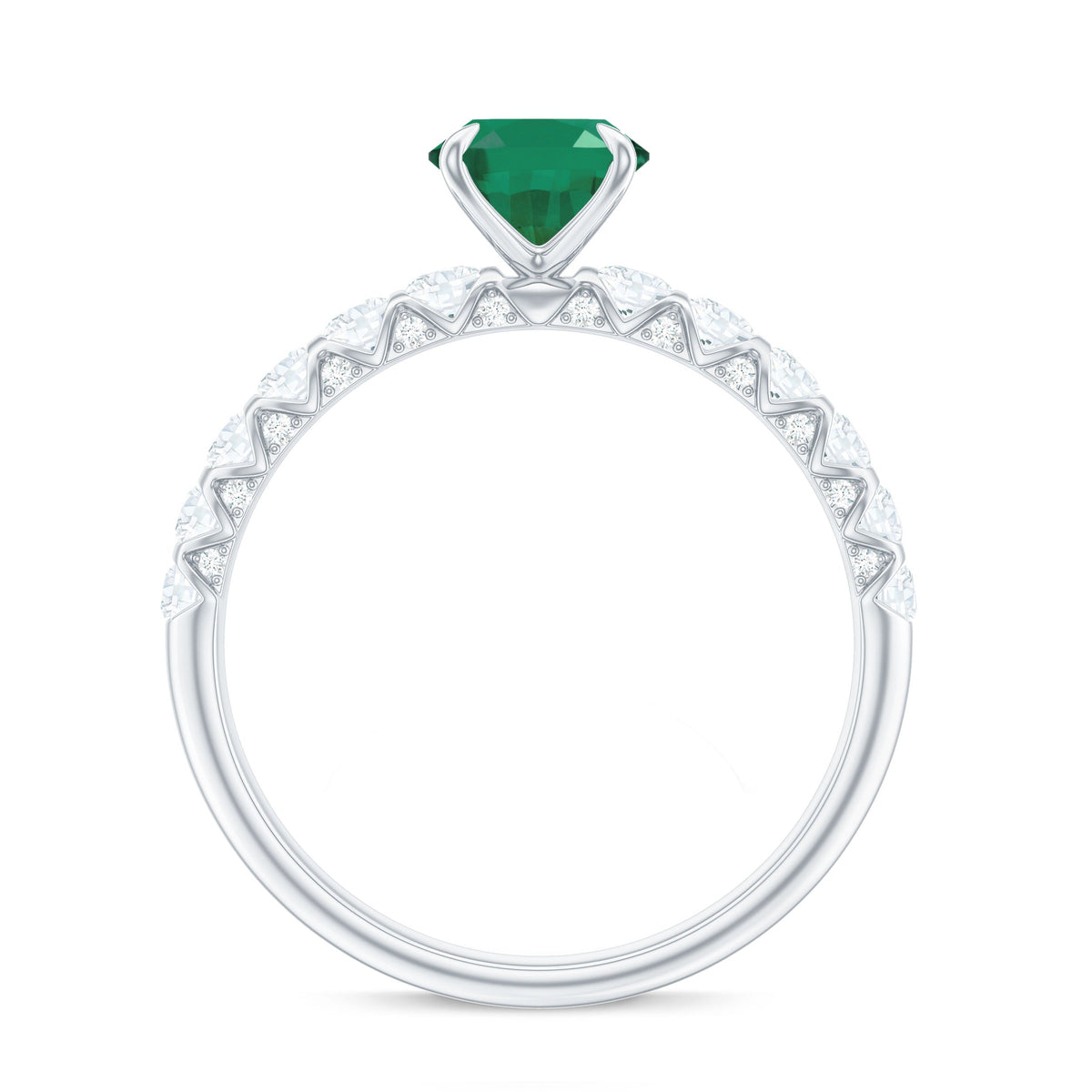 Natural 6x8mm emerald oval engagement ring from Rosec Jewels with diamond side stones and sterling silver band.