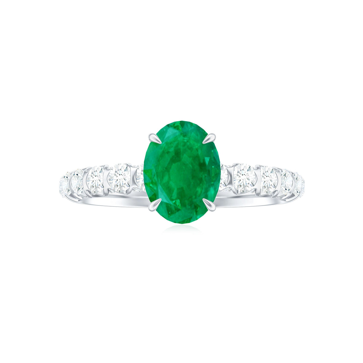 Natural 6x8mm emerald oval engagement ring with diamond side stones by Rosec Jewels, showcasing a stunning gemstone and elegant design.
