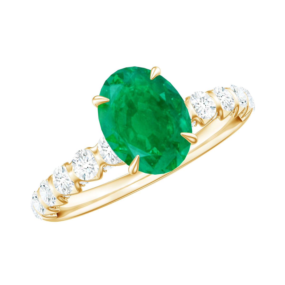 Natural 6x8mm emerald oval engagement ring with diamond side stones from Rosec Jewels, showcasing the elegant ring design.