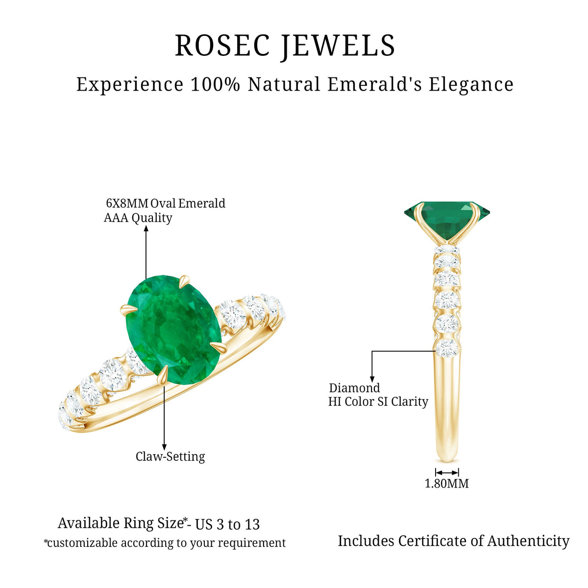 Natural emerald oval engagement ring with diamond side stones from Rosec Jewels, showcasing intricate design and sparkling accents.