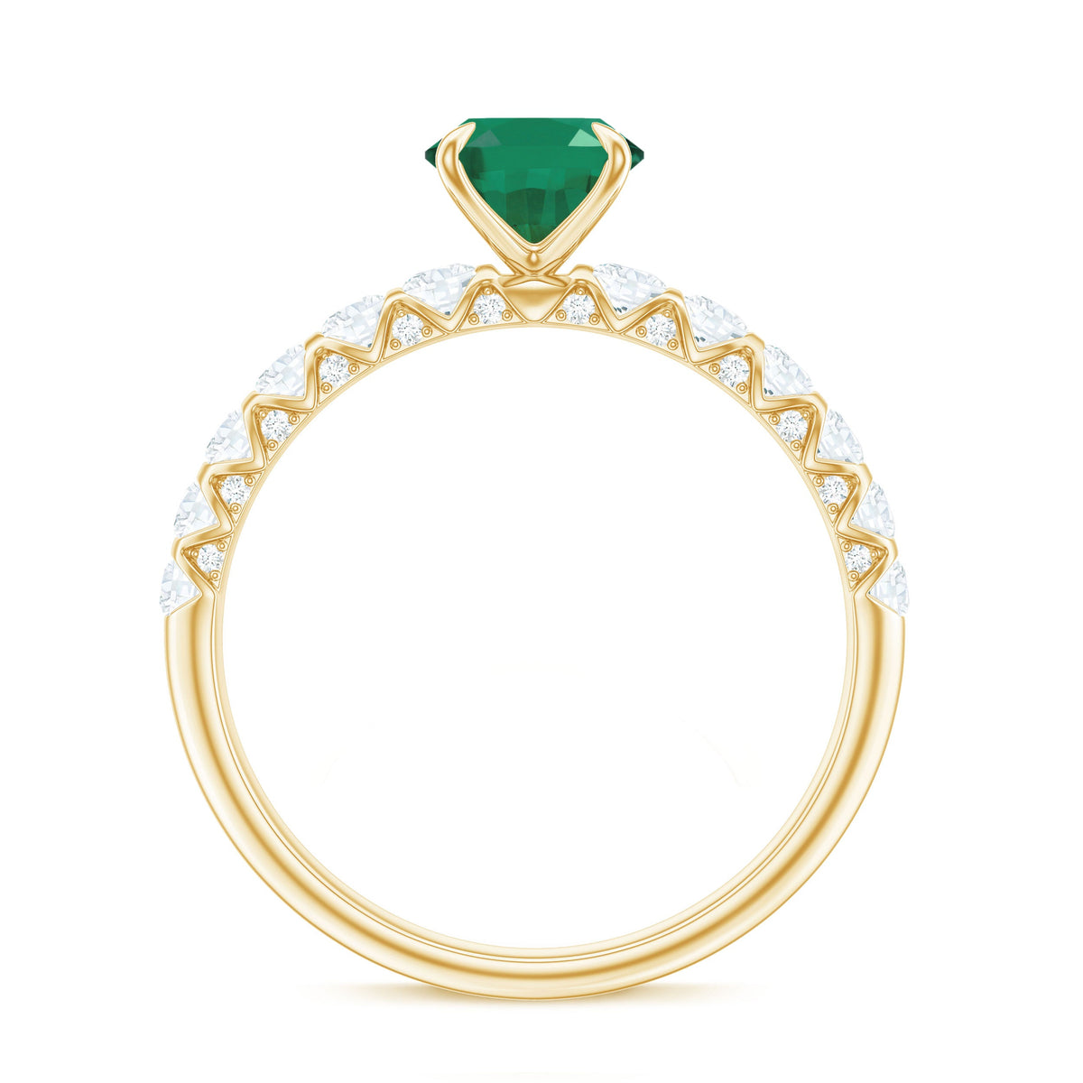 Natural emerald oval engagement ring with diamond side stones, showcasing a 6x8mm emerald centerpiece and sparkling accents.