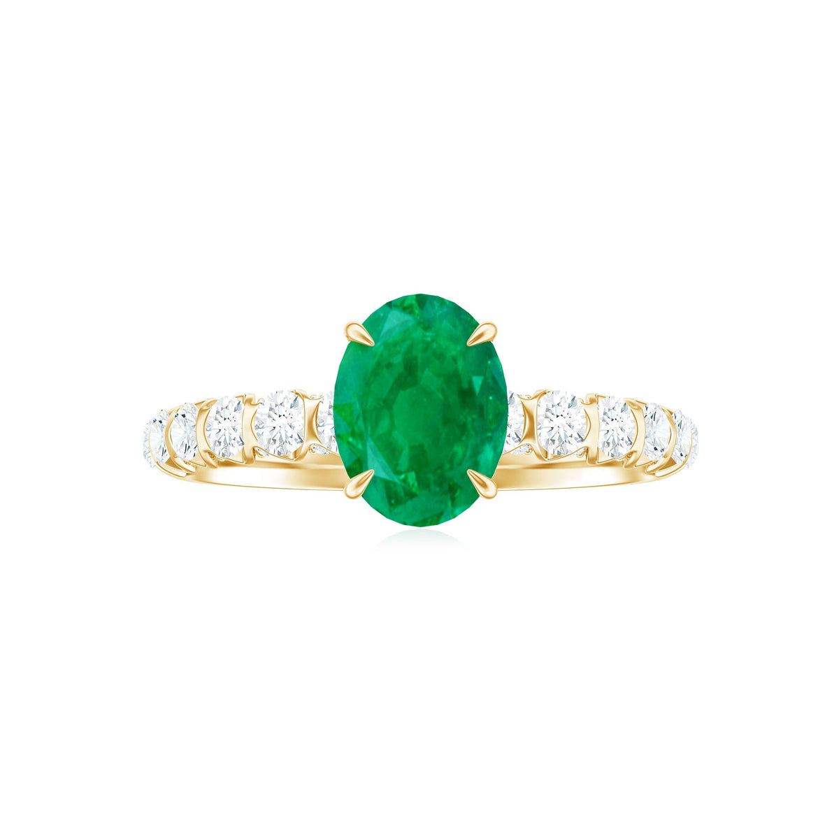 Natural 6x8mm emerald oval engagement ring with diamond side stones, showcasing a Rosec Jewels ring design and intricate detailing.