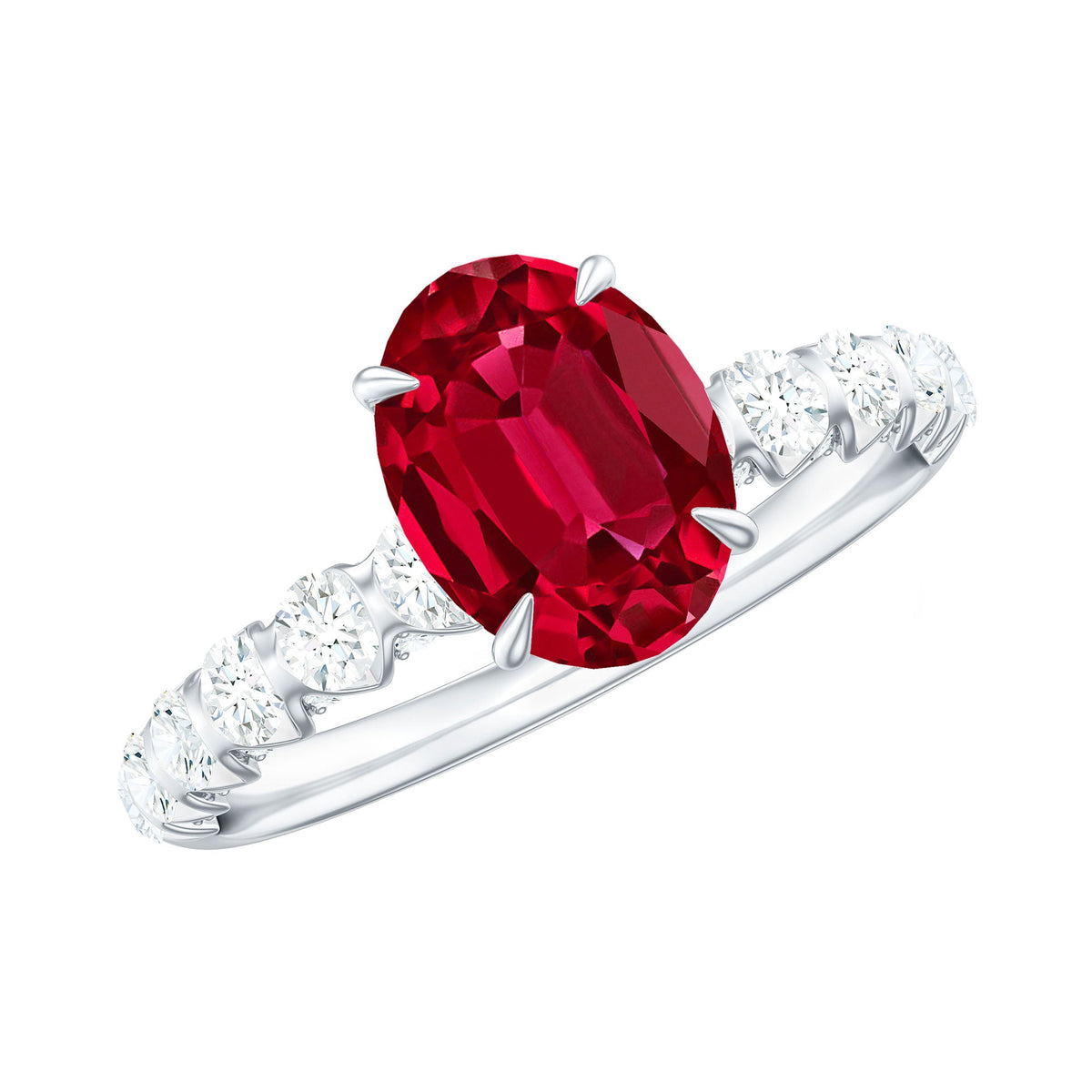 Rosec Jewels certified 1.5 carat lab-grown ruby oval engagement ring with diamond accent, showcasing its elegant design and sparkling stones.