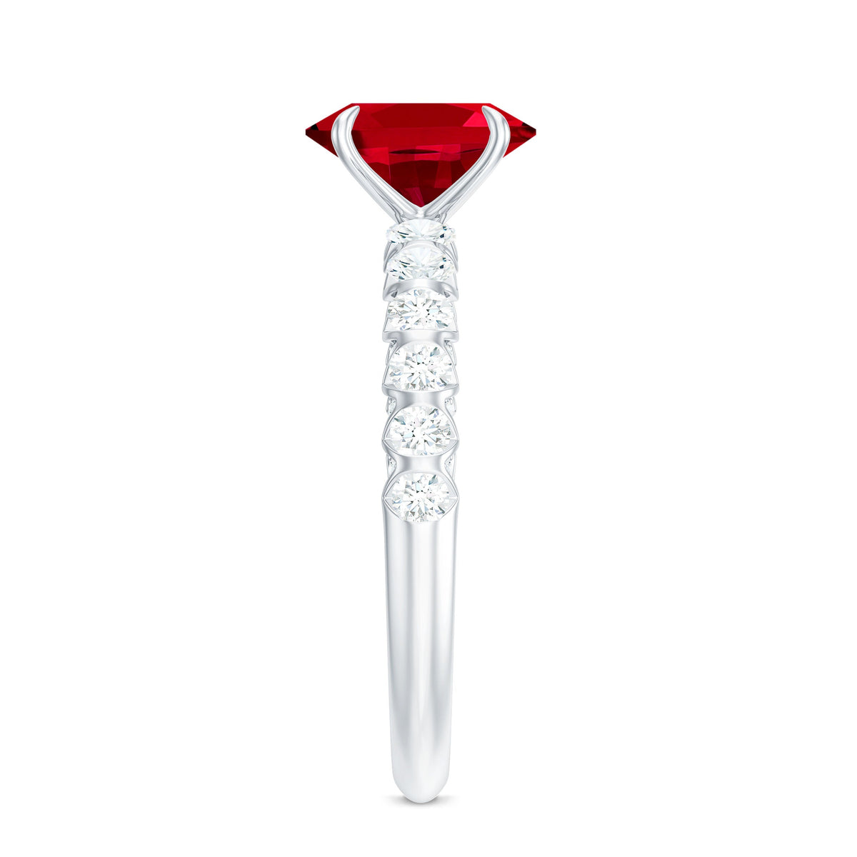 Certified 1.5 carat lab-grown ruby oval engagement ring with diamond accents, featuring a sleek band and elegant design.