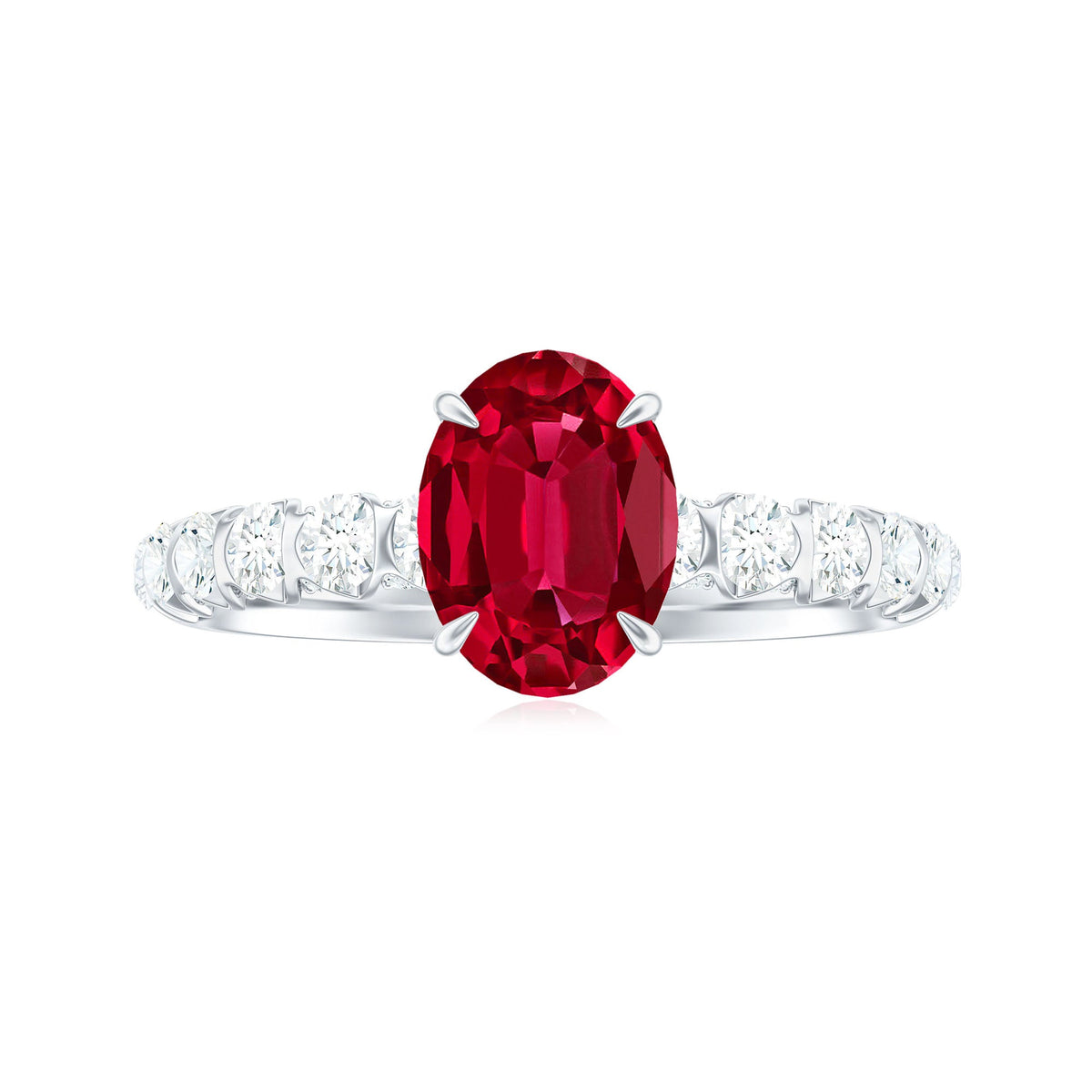 Rosec Jewels 1.5 Carat lab-grown ruby oval engagement ring with diamond accents, showcasing detailed craftsmanship and elegant design.