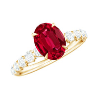 Certified 1.5 carat lab-grown ruby oval engagement ring with diamond accents, crafted by Rosec Jewels.