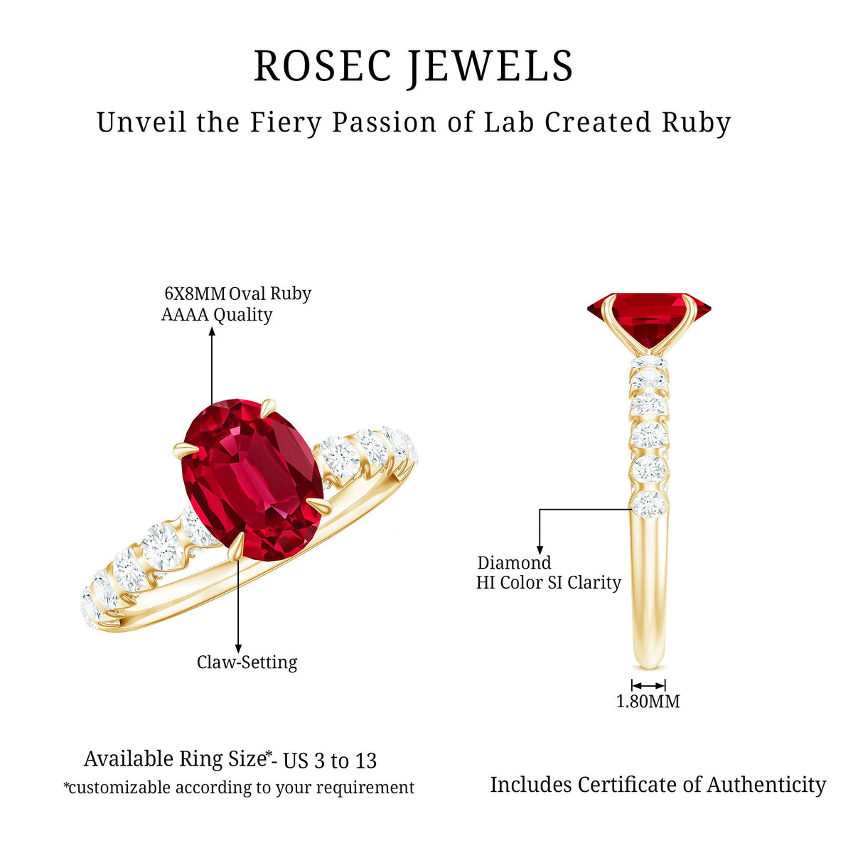 Certified 1.5 carat lab-grown Ruby oval engagement ring with diamond accents from Rosec Jewels, showcasing the elegant ring design.
