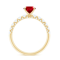 Lab grown 1.5 carat ruby oval engagement ring with diamond accents by Rosec Jewels, showcasing the elegant ring design.