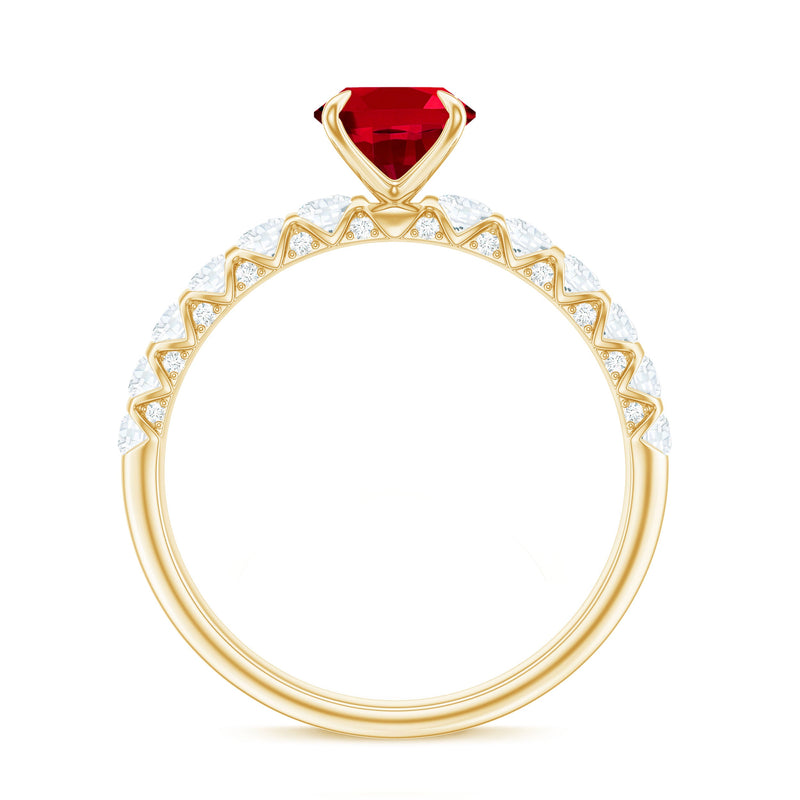 Lab grown 1.5 carat ruby oval engagement ring with diamond accents by Rosec Jewels, showcasing the elegant ring design.