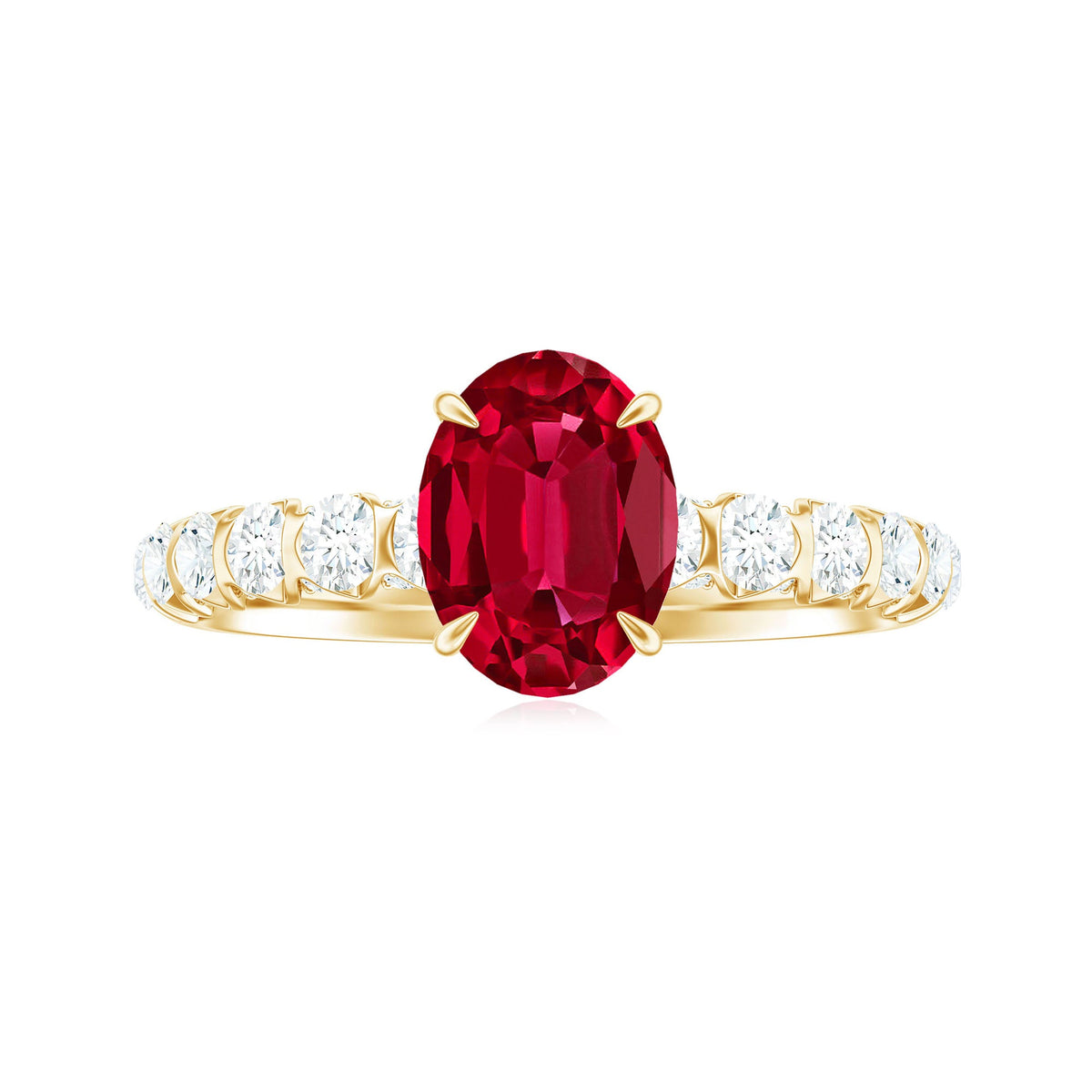 Lab-grown 1.5 carat ruby oval engagement ring with diamond accents by Rosec Jewels, showcasing a stunning gemstone and elegant design.