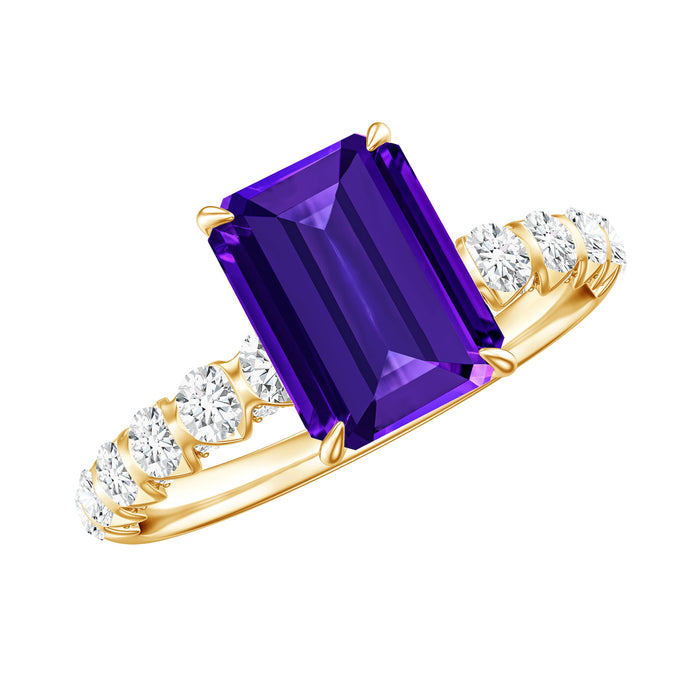 Emerald cut 1.4 carat amethyst engagement ring with diamond accents by Rosec Jewels, showcasing a stunning purple gemstone and fine band.