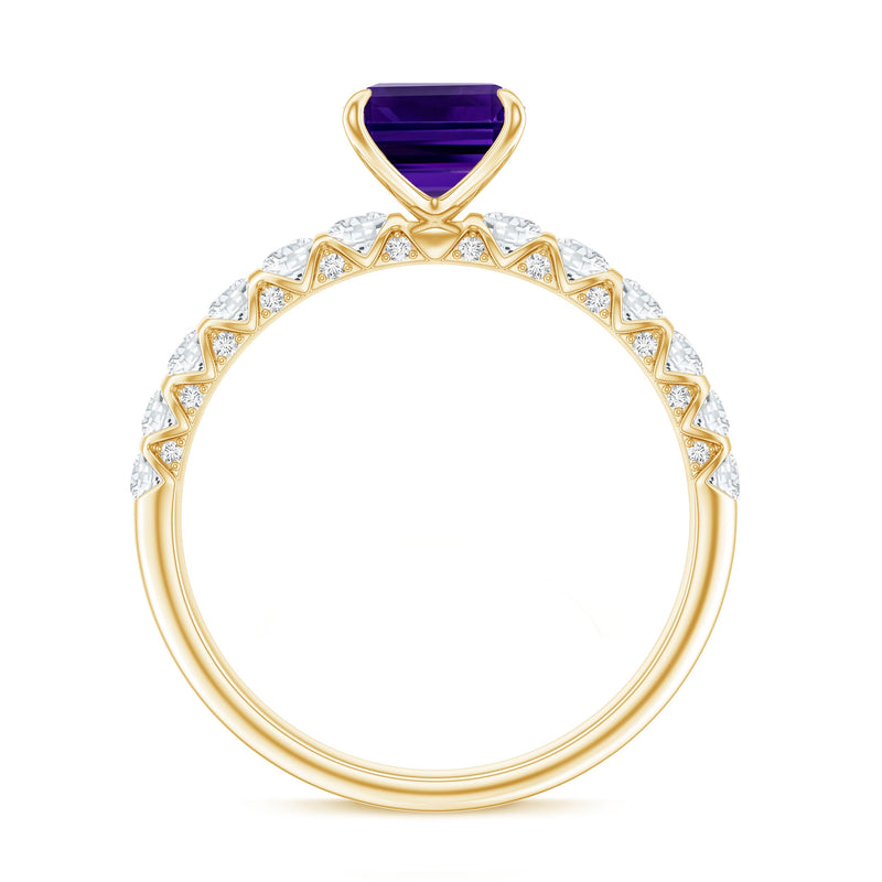 Emerald cut 1.4 carat amethyst engagement ring with diamond accents by Rosec Jewels, showcasing a stunning purple gemstone and elegant band.