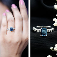 2.25 Carat Emerald Cut London Blue Topaz Engagement Ring with Diamond Side Stones