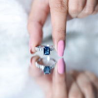 2.25 Carat Emerald Cut London Blue Topaz Engagement Ring with Diamond Side Stones