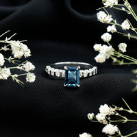 2.25 Carat Emerald Cut London Blue Topaz Engagement Ring with Diamond Side Stones