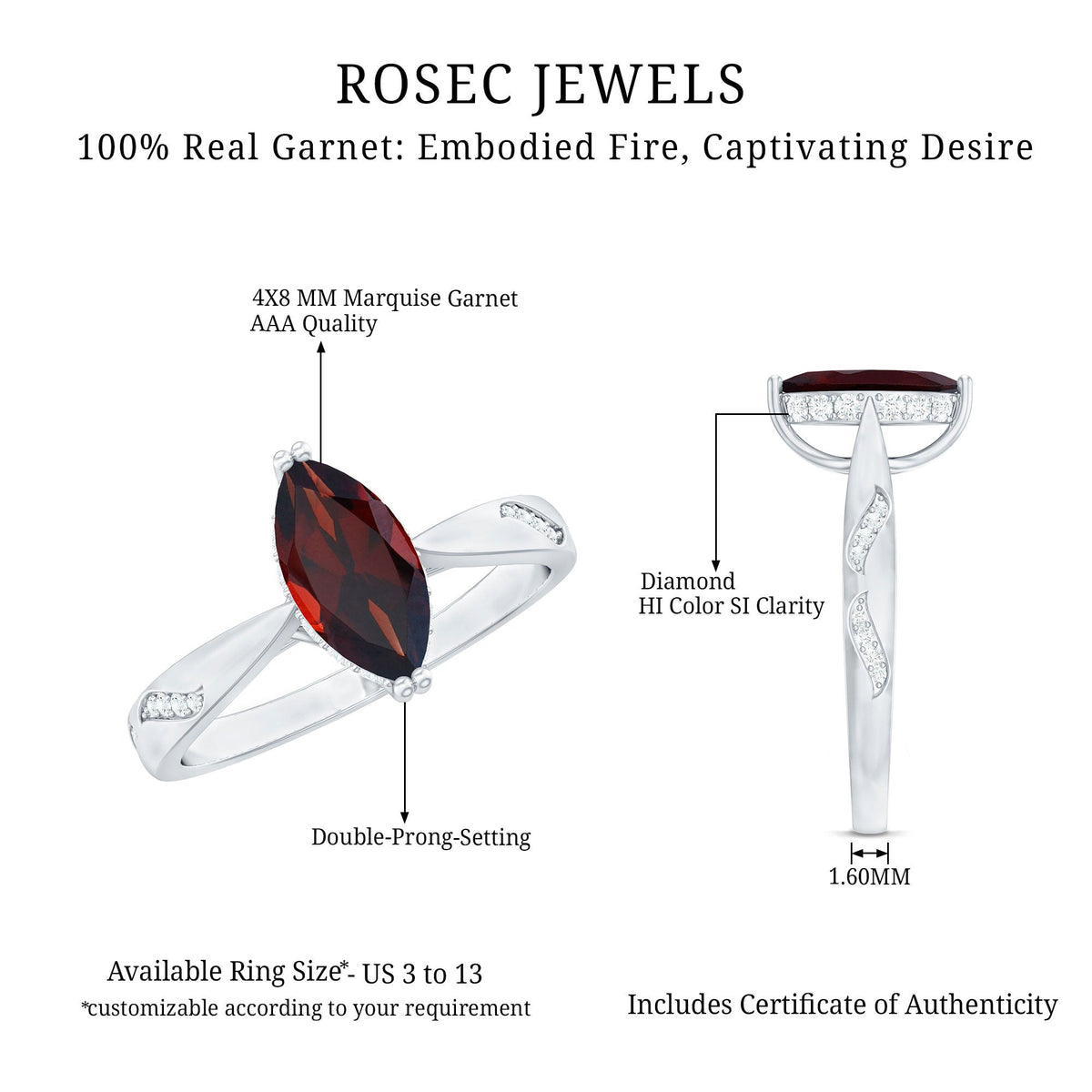 Natural solitaire garnet marquise engagement ring with diamond accents from Rosec Jewels, showcasing the elegant gemstone setting.
