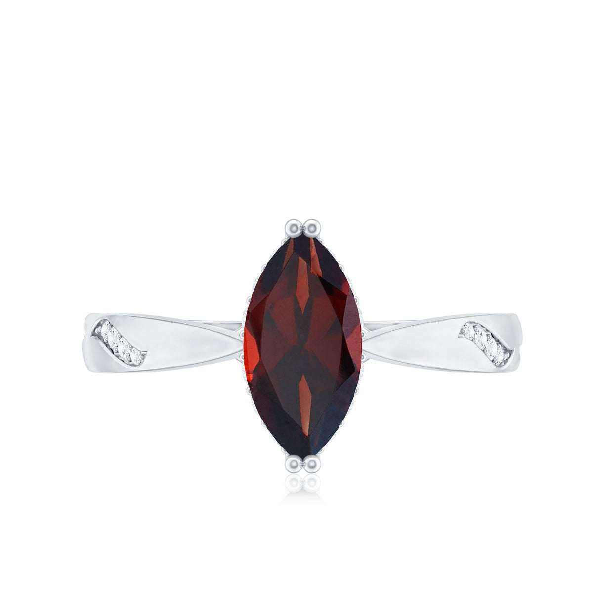 Natural solitaire garnet marquise engagement ring with diamond accents from Rosec Jewels, showcasing a marquise-shaped garnet centerpiece.
