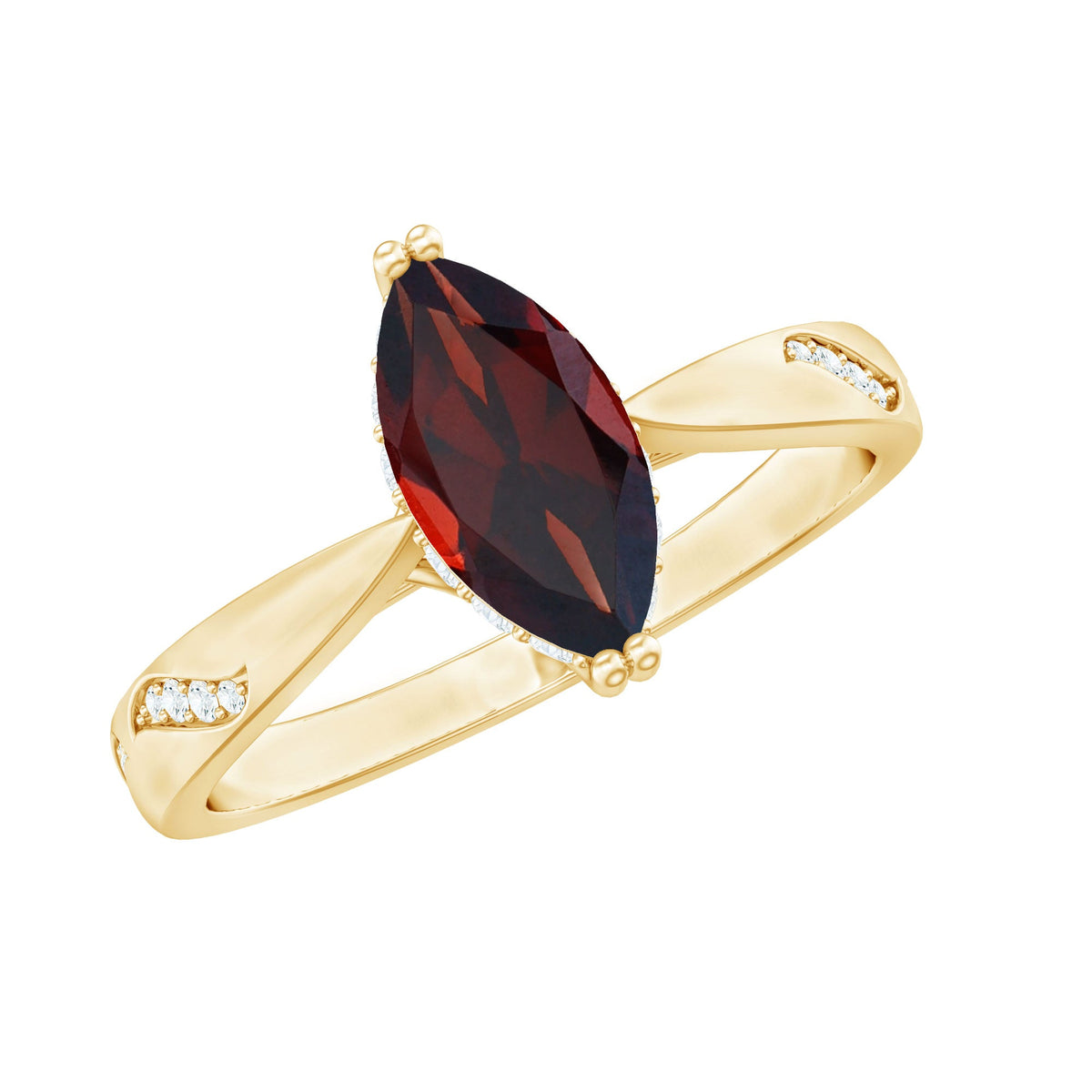 Natural solitaire garnet marquise engagement ring with diamond detailing from Rosec Jewels, featuring a marquise-cut garnet and diamond accents.