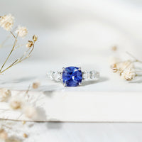 Certified 2.75 Carat Lab Grown Blue Sapphire Cushion Cut Engagement Ring with Moissanite