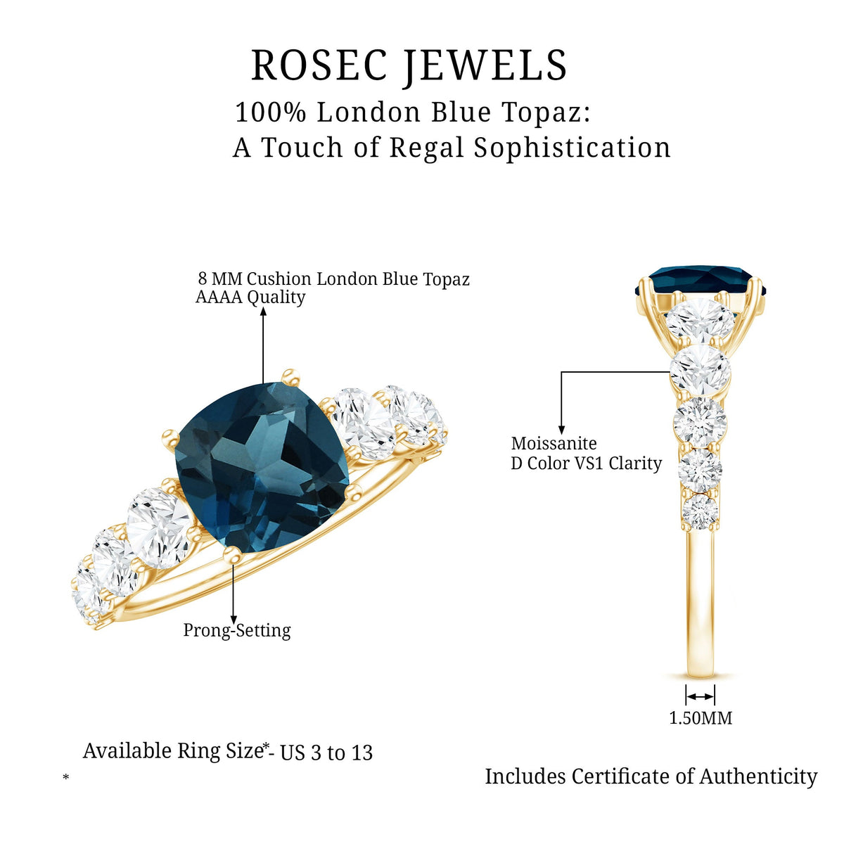 8mm Cushion Cut London Blue Topaz Solitaire Engagement Ring with Moissanite Side Stones