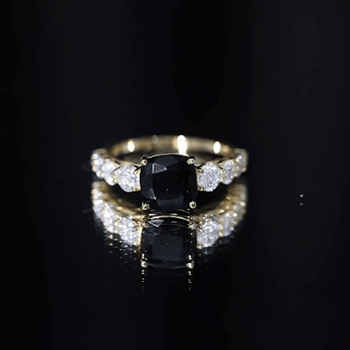 Rosec Jewels lab-grown black diamond cushion cut engagement ring with moissanite, featuring a 2.8-carat center stone and yellow band.
