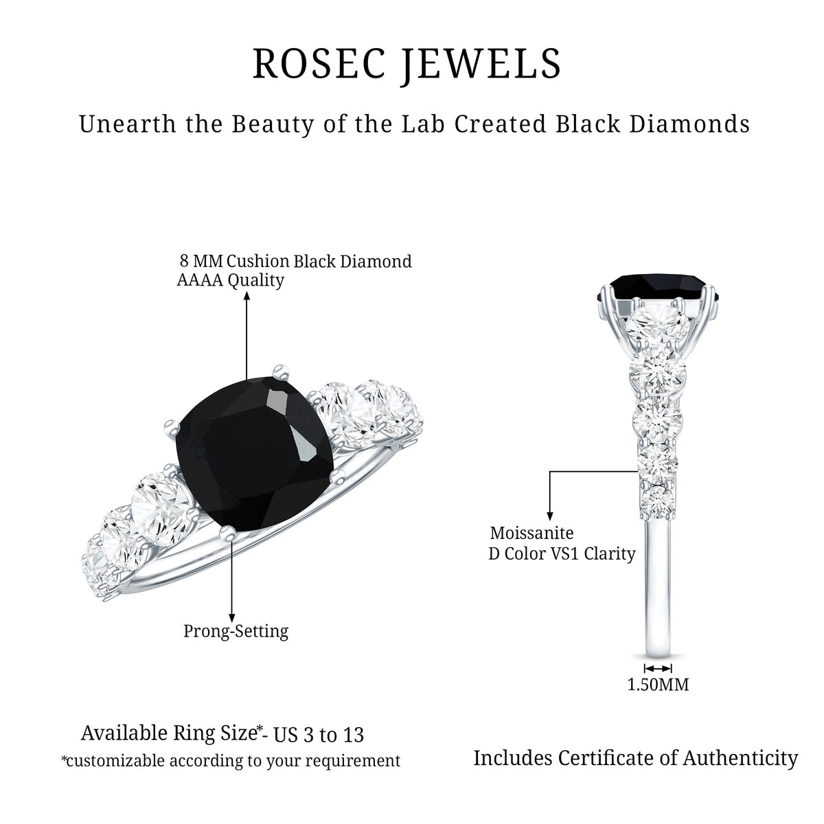 Certified 2.8 Carat Lab Grown Black Diamond Cushion Cut Engagement Ring with Moissanite