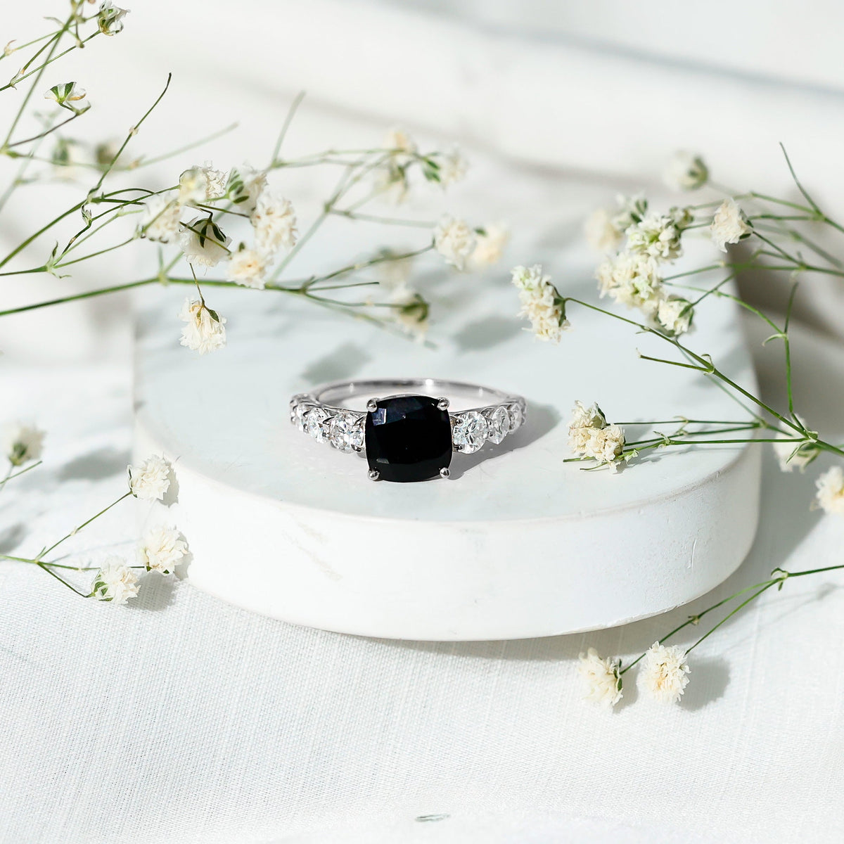 Certified 2.8 Carat Lab Grown Black Diamond Cushion Cut Engagement Ring with Moissanite