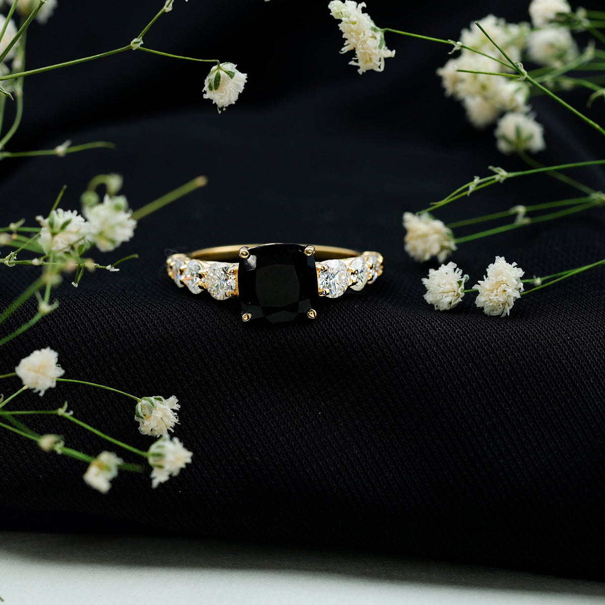 Certified 2.8 Carat Lab Grown Black Diamond Cushion Cut Engagement Ring with Moissanite