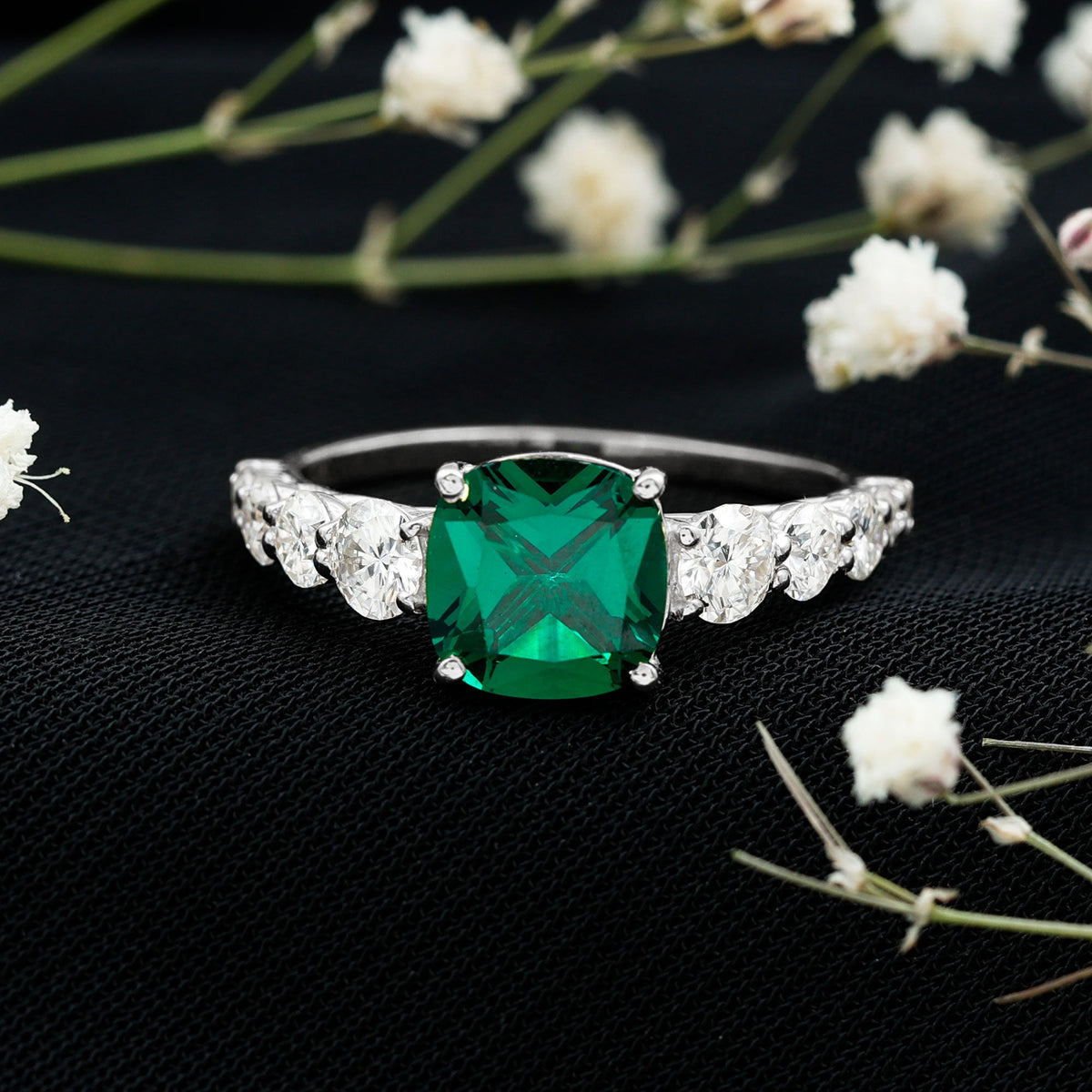 Lab Grown Emerald 2 Carat Cushion Engagement Ring with Moissanite Side Stones