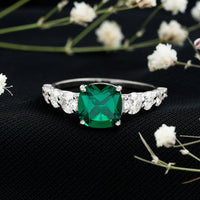 Lab Grown Emerald 2 Carat Cushion Engagement Ring with Moissanite Side Stones