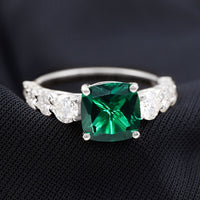 Lab Grown Emerald 2 Carat Cushion Engagement Ring with Moissanite Side Stones