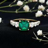 Lab Grown Emerald 2 Carat Cushion Engagement Ring with Moissanite Side Stones