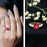 2 Carat Cushion Cut Lab Created Ruby Engagement Ring with Side Stones