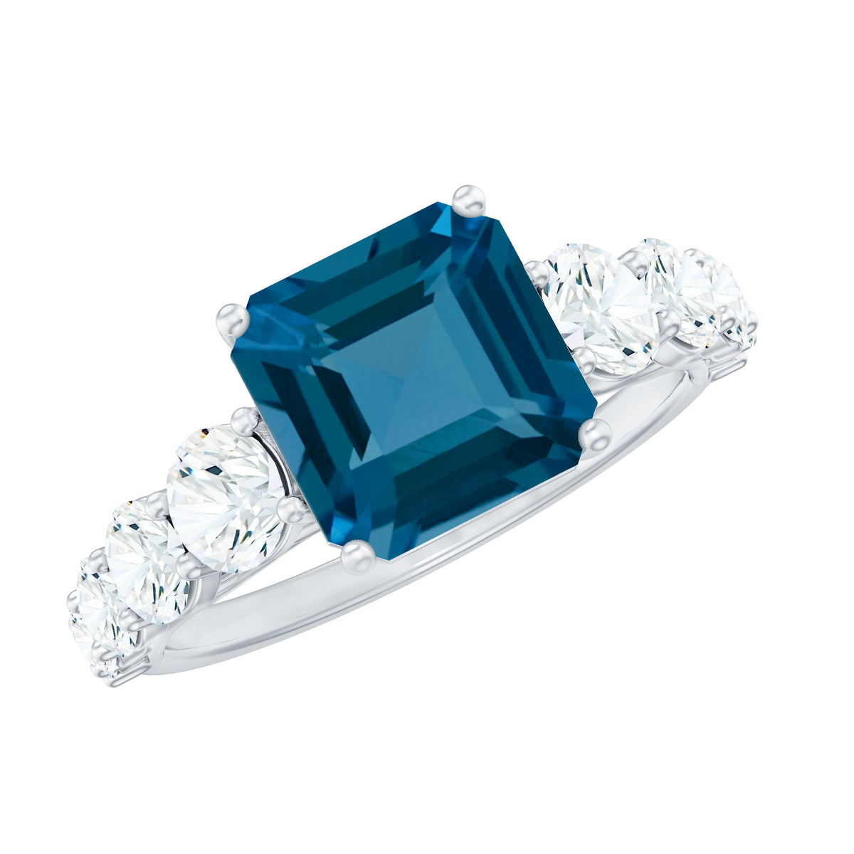 Asscher cut London Blue Topaz solitaire engagement ring with Moissanite accents, featuring a sleek silver band.