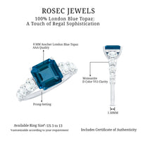 Asscher cut 3-carat London Blue Topaz solitaire engagement ring with moissanite accents, featuring a silver band and intricate setting.